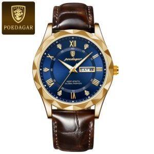 POEDAGAR Leather Quartz Clock Men’s Watches Blue