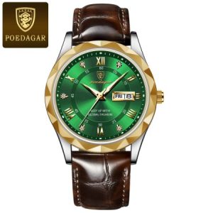 POEDAGAR Leather Quartz Clock Men’s Watches Green