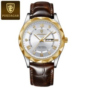 POEDAGAR Leather Quartz Clock Men’s Watches Rose White
