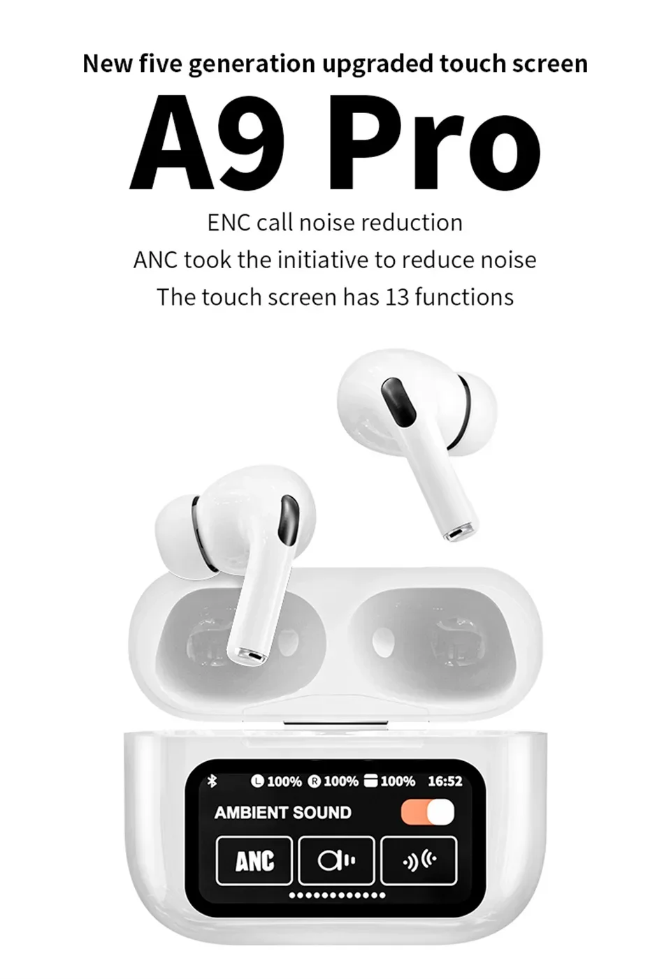 A9 Pro Earphone Touch Screen Wireless Bluetooth 5.4 Headphone ANC/ENC Noise Cancelling In Ear Earbuds With HD Mic Call Headset - Image 2