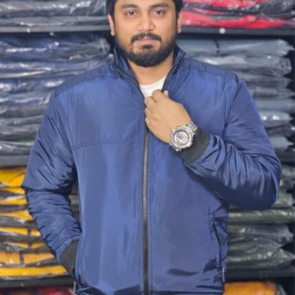 Winter high neck saskin padding jacket – Solid Navy Blue